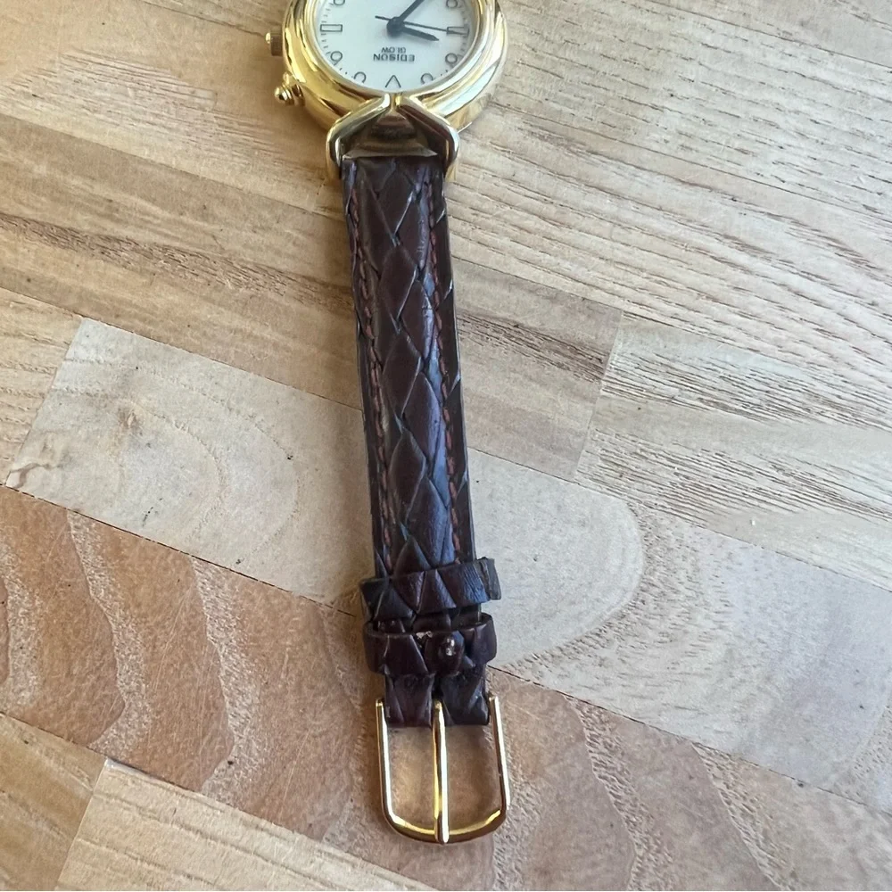 Edison glow ladies gold tone brown leather dress watch